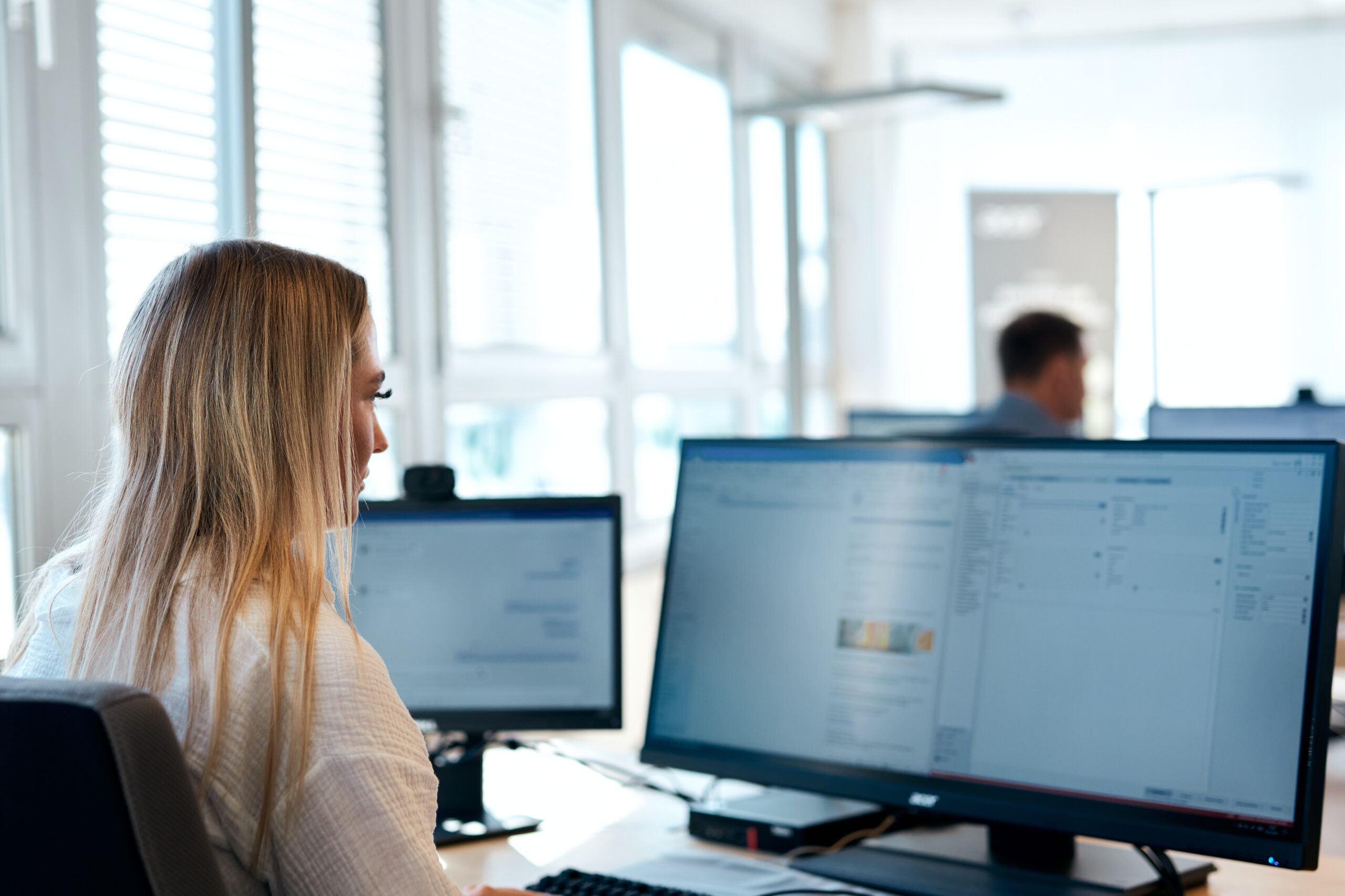 Frau sitzt am Schreibtisch vor einem Monitor